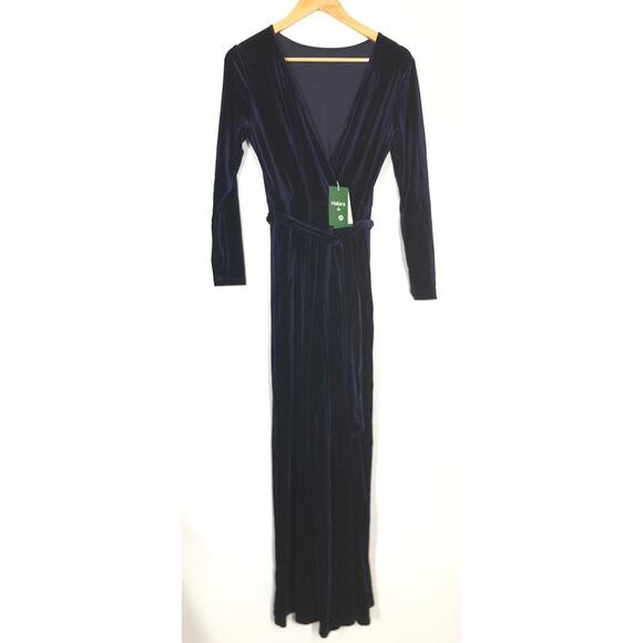 Halara Jumpsuit Velvet V-Neck Wrapped Long Sleeve Belted Wide Leg Blue NWT M - Picture 3 of 8